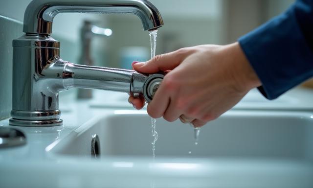Hands expertly fixing a leaky faucet in a kitchen sink.