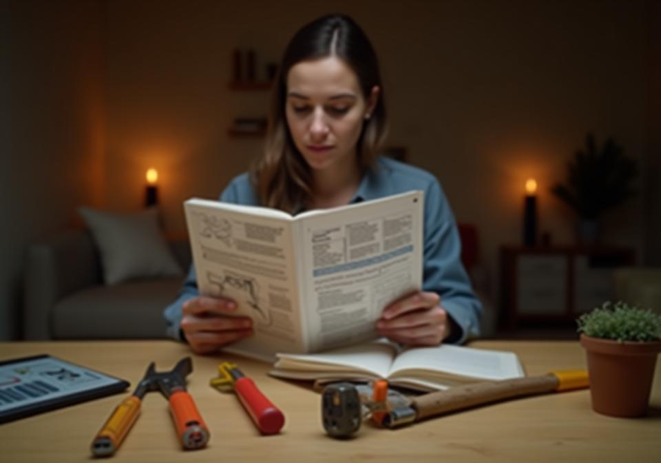 Person reading a practical DIY guide, surrounded by basic home improvement tools.