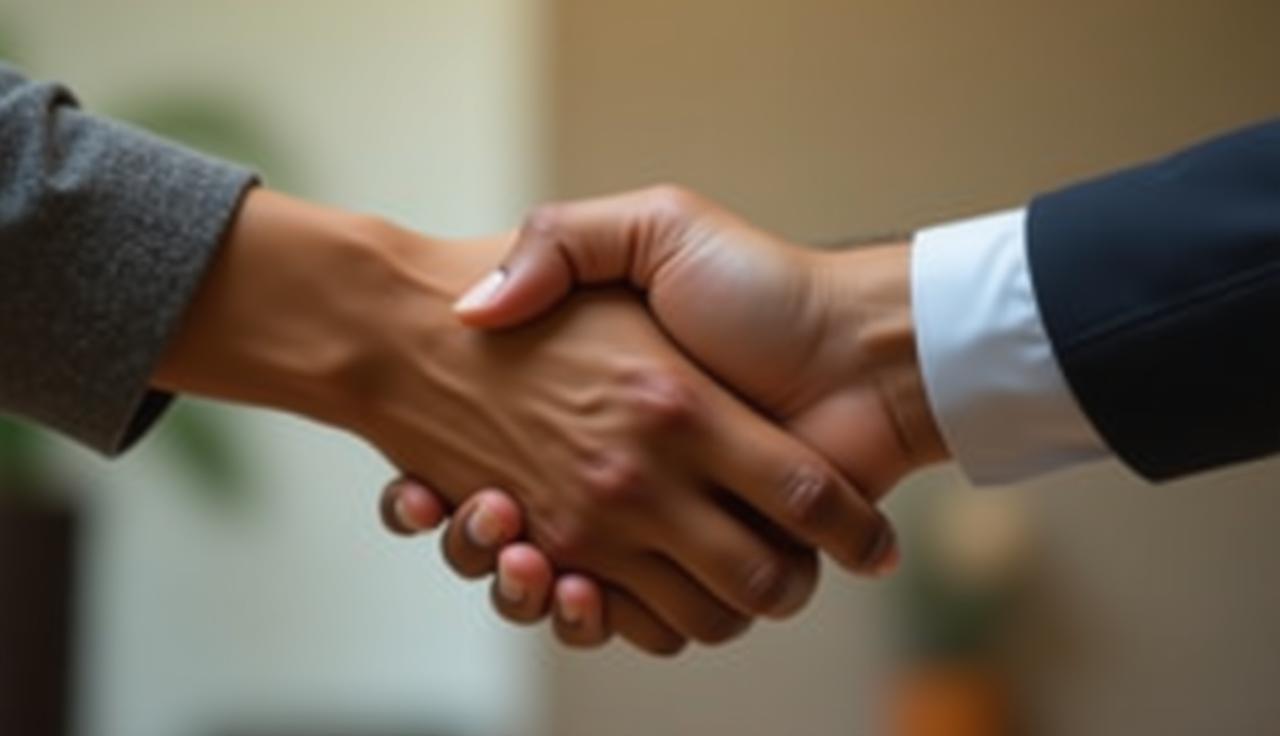 A close-up of hands shaking, representing trust and agreement in a home repair context.